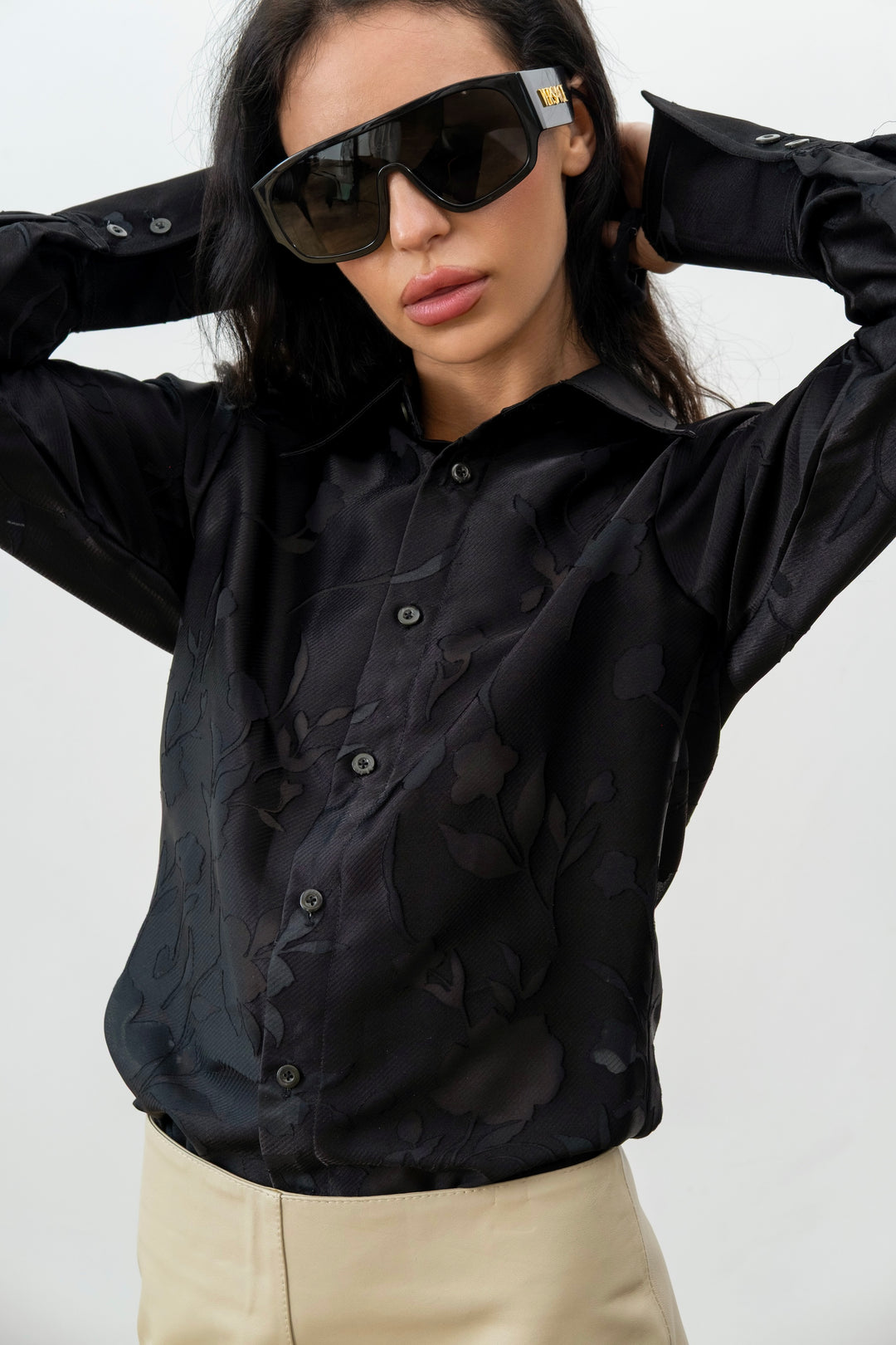 Satin shirt with flowers black