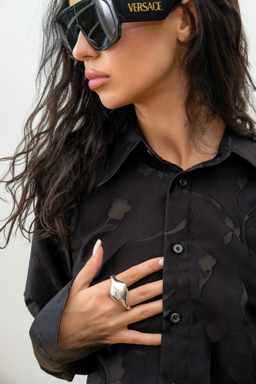 Satin shirt with flowers black