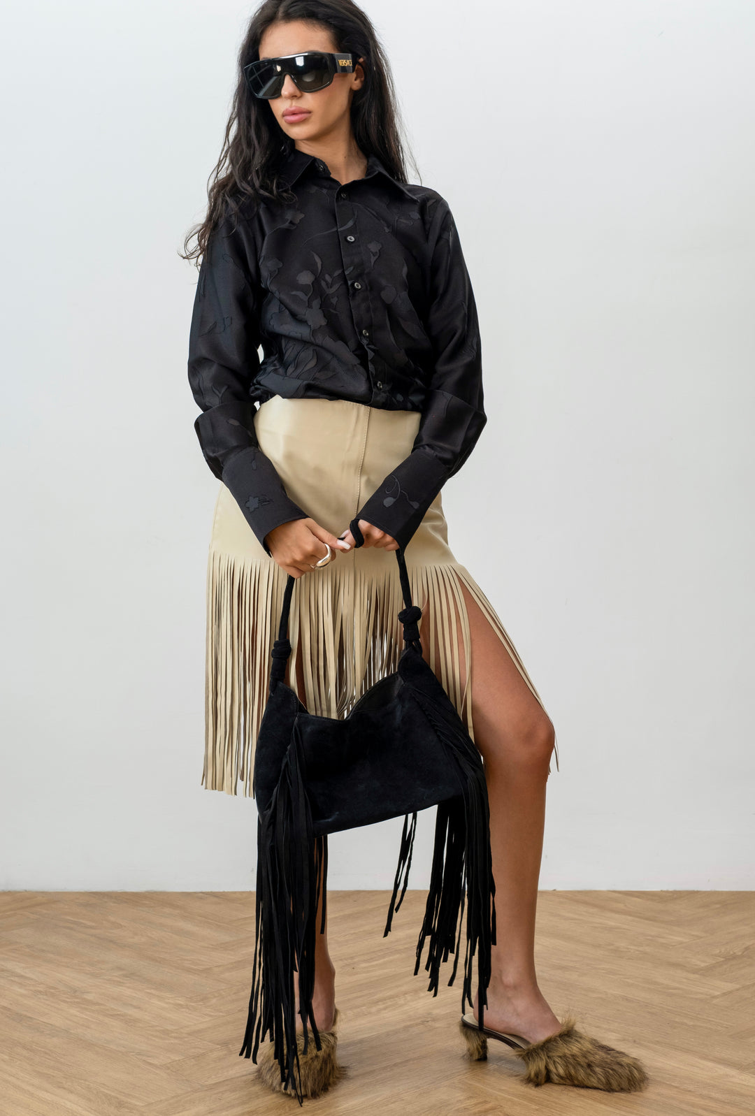 Satin shirt with flowers black