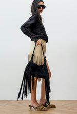 Load image into Gallery viewer, Black suede bag with fringe
