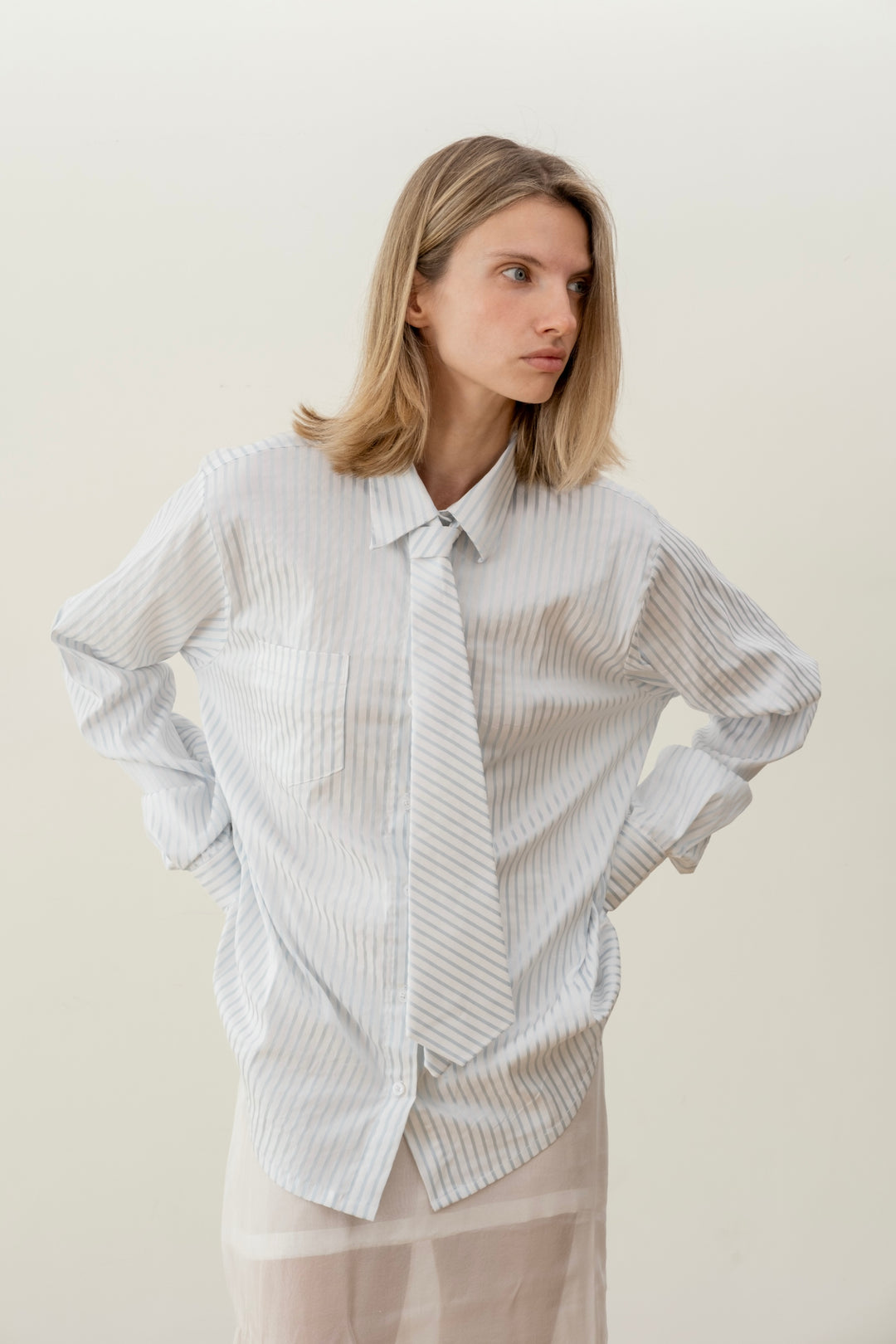 Blue striped shirt with a tie