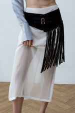 Load image into Gallery viewer, Black suede belt with fringe
