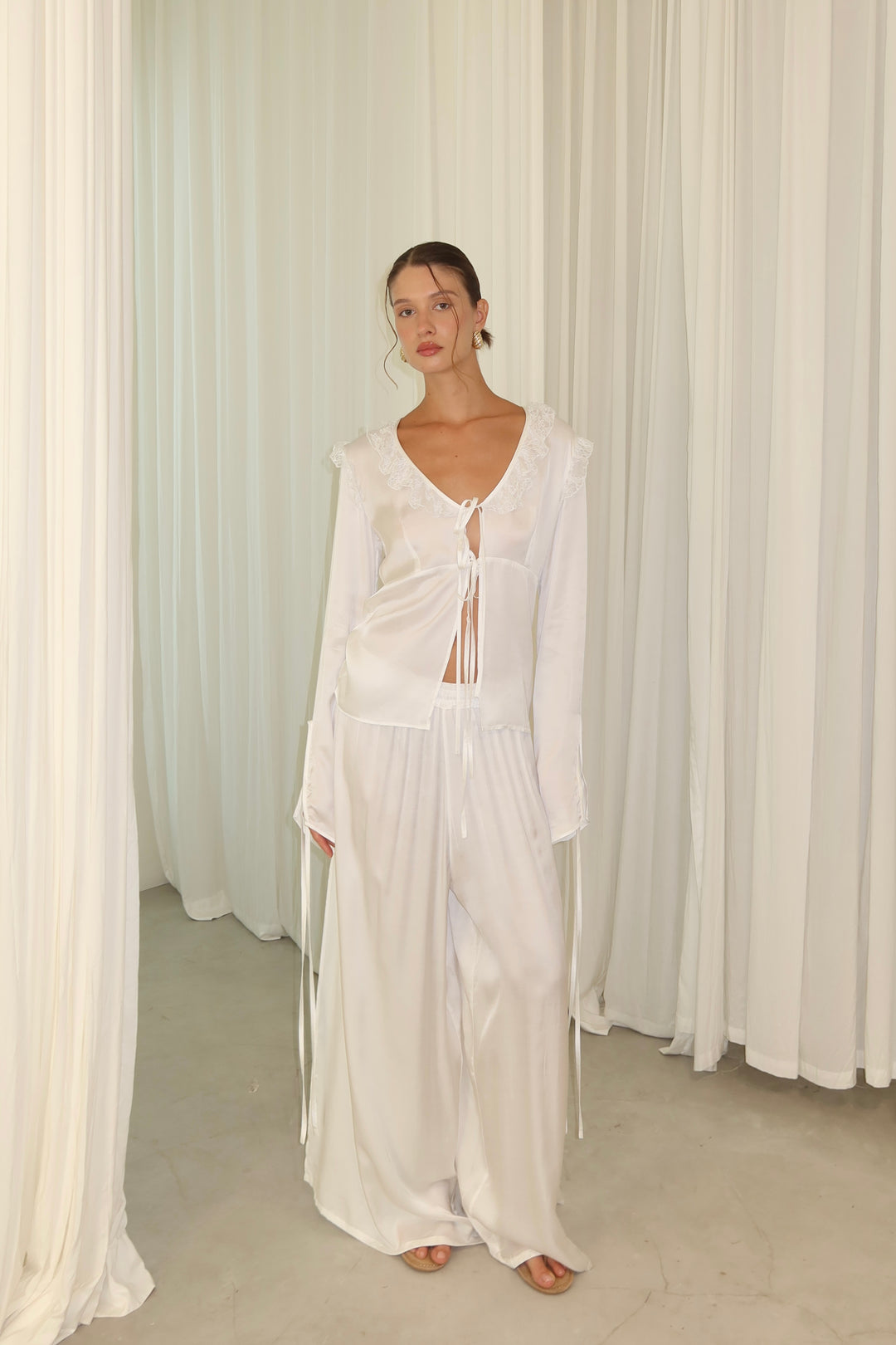 silk slit pants white