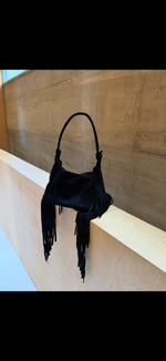 Load image into Gallery viewer, Black suede bag with fringe
