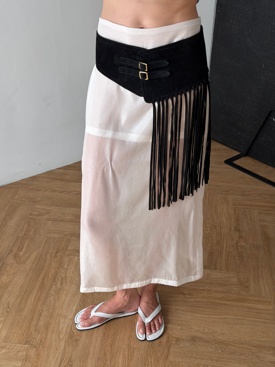 Black suede belt with fringe
