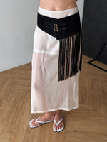 Load image into Gallery viewer, Black suede belt with fringe
