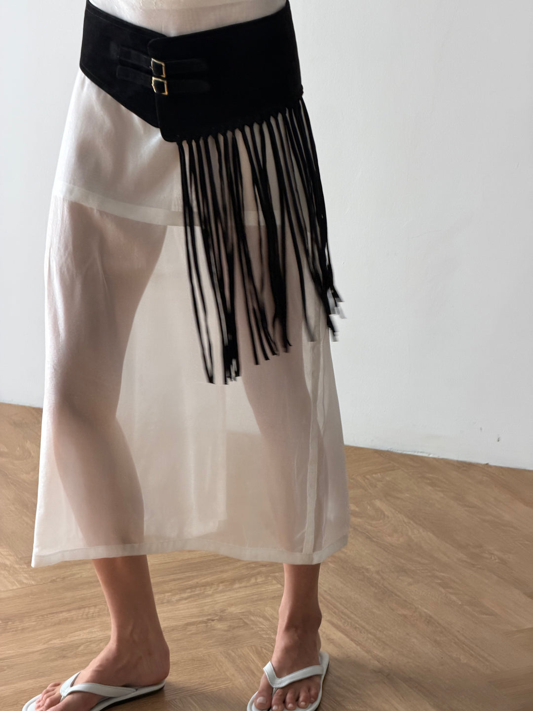 Black suede belt with fringe