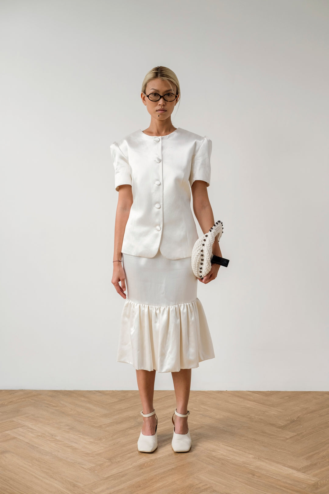 White satin jacket with short sleeves
