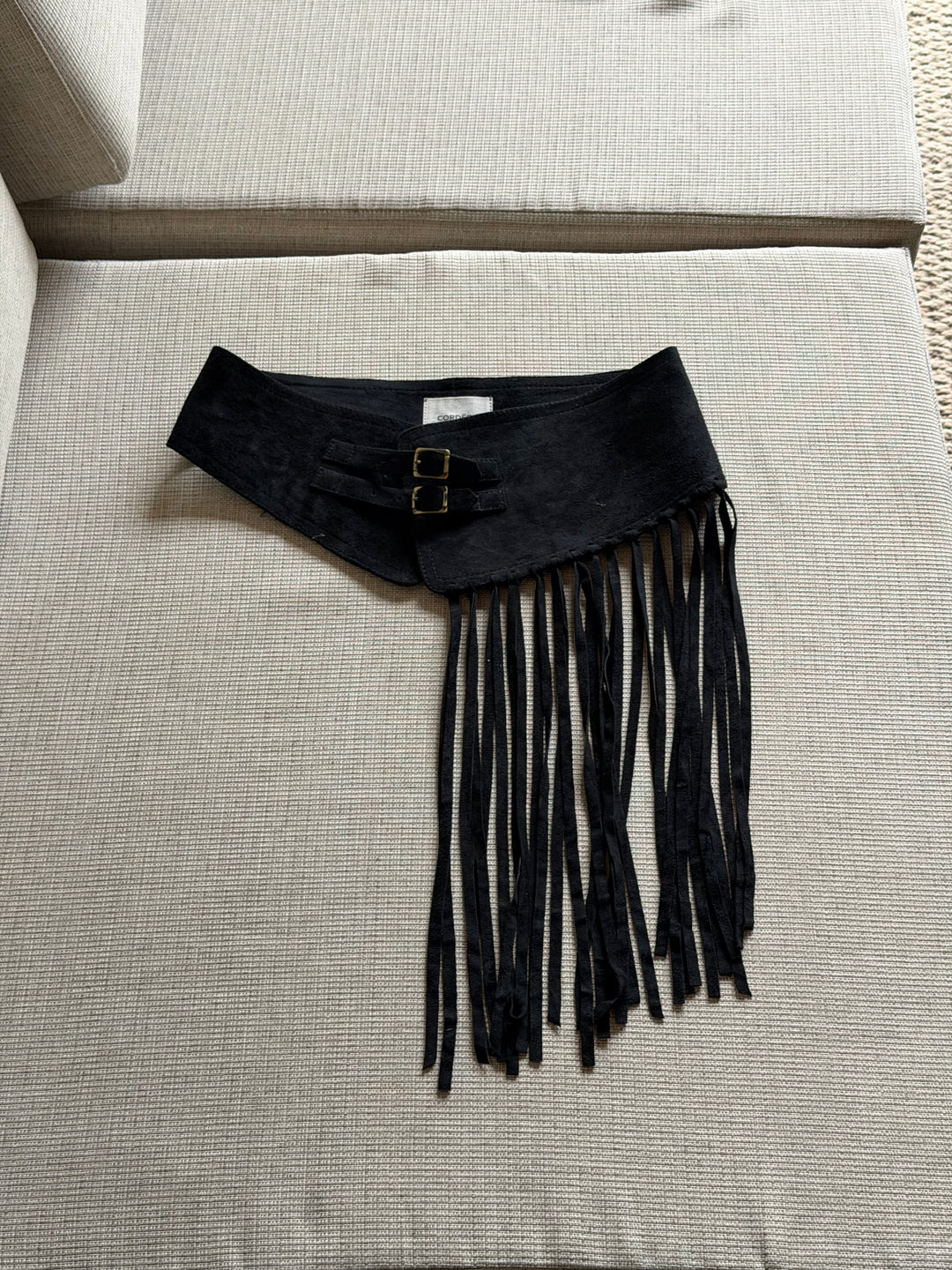 Black suede belt with fringe