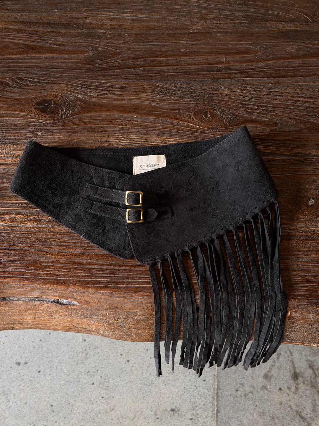 Black suede belt with fringe