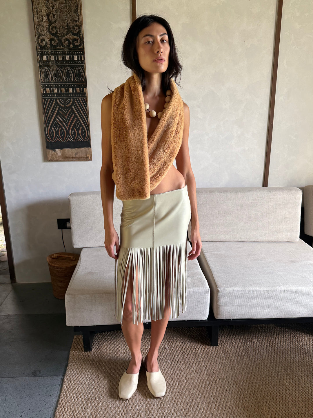 Leather skirt with fringe beige